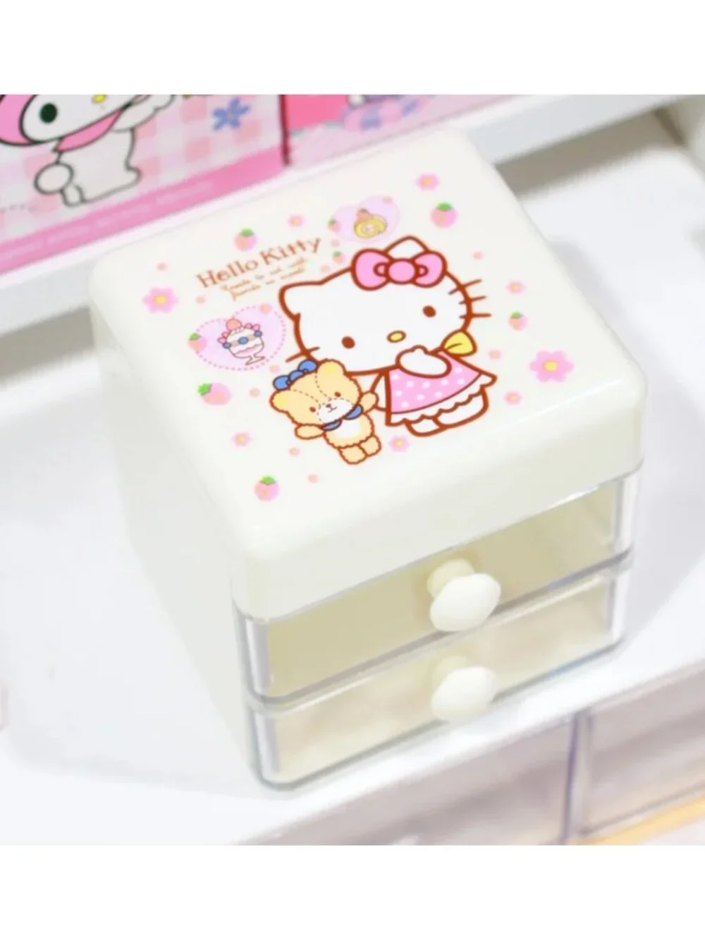 Hello Kitty Double-Layer Mini Drawer Organizer Desktop Storage Stickers Jewelry